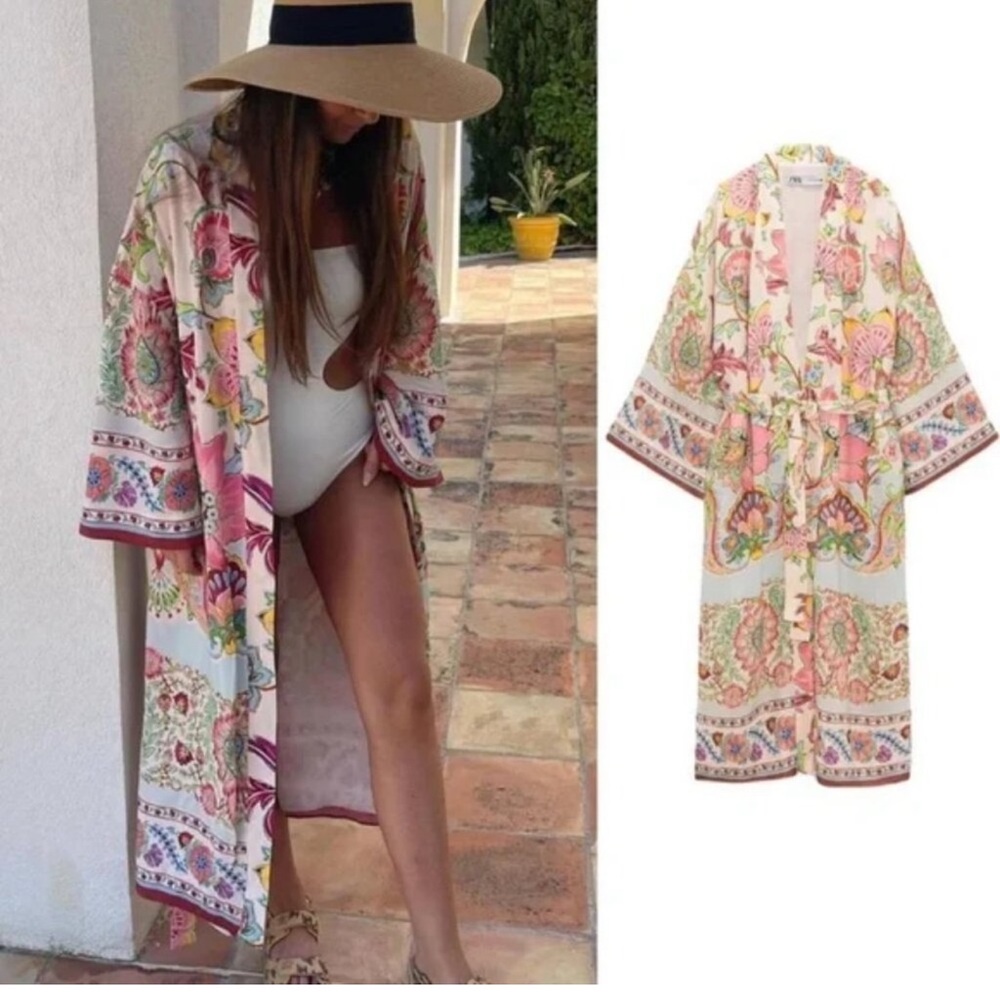 Zara Floral Kimono Robe in Pink and Cream NWT